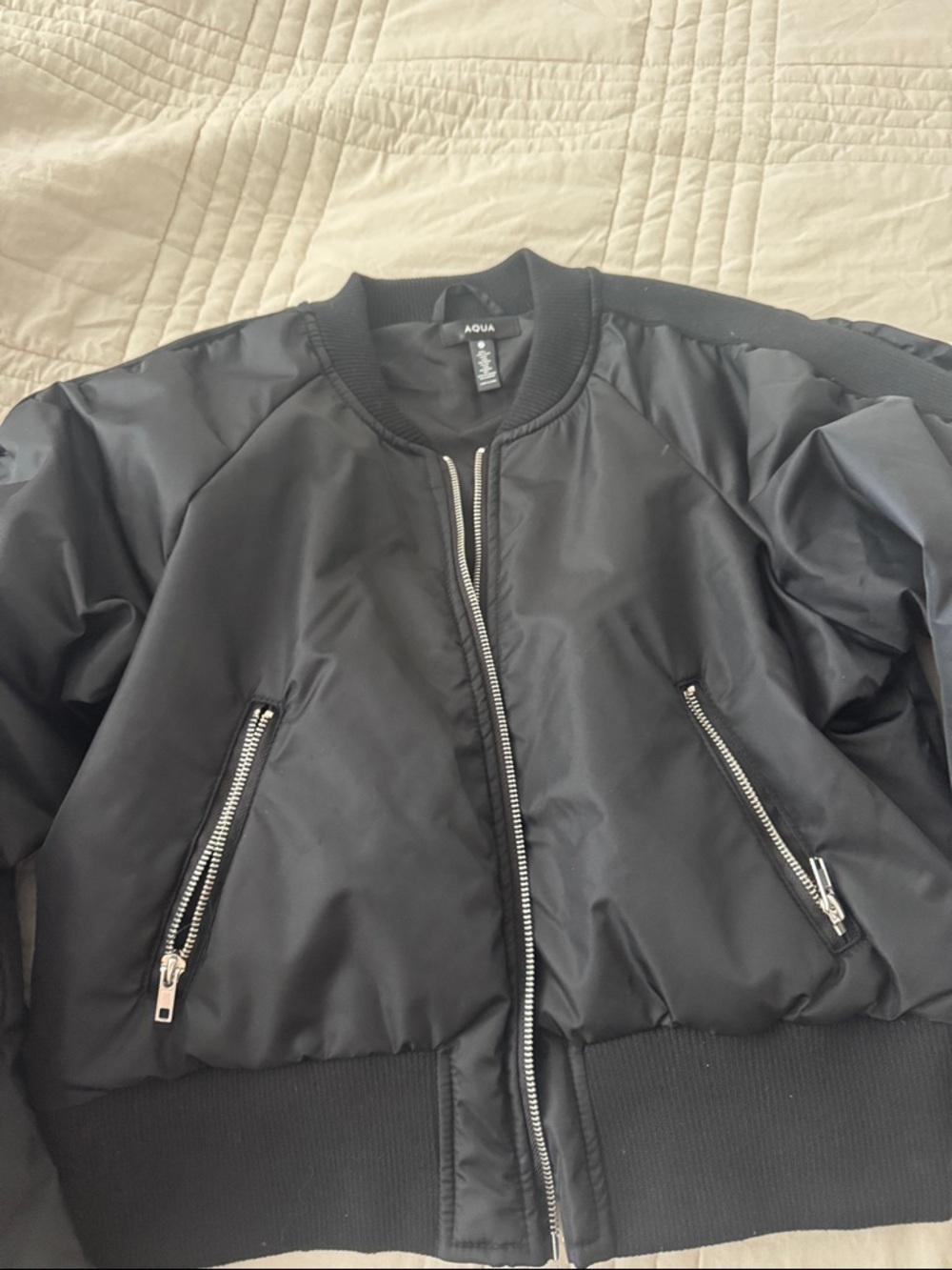 Aqua Black Nylon Bomber Jacket with Silver Zippers
